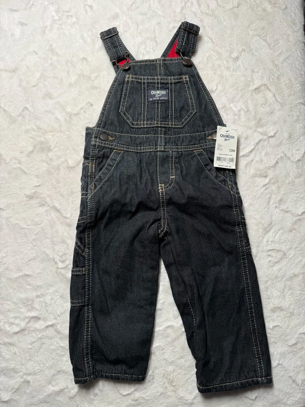 OshKosh B'gosh Dark Denim Toddler Overalls with Red Lined Fleece 12M